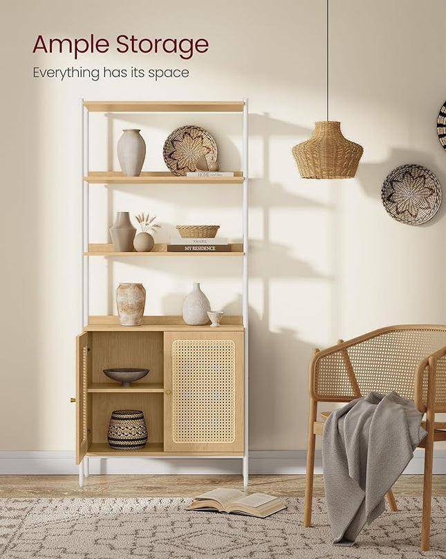 VASAGLE 6-Tier Bookcase, Bookshelf with Rattan-Like Door, Boho Style, Freestanding 30.1-Inch Wide Storage Shelf, Metal Frame, Adjustable Shelf, for Living Room, Oak Beige and Pearl White ULLS124W57 - LeafyLoom