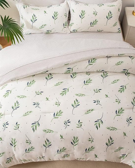 EMME Twin Comforter Set - Sage Green Floral Bedding Sets 5 PCS with Nature Leaves Pattern, Soft Leaf Printed Botanical Bed Set with Sheets, Fluffy Bed Bag for All Season(68"X90") - LeafyLoom