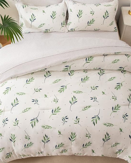 EMME King Comforter Set - Sage Green Floral Bedding Set 7 PCS with Nature Leaves Pattern, Soft Leaf Printed Botanical Bed Set with Sheets, Fluffy Bed Bag for All Season(102"X90") - LeafyLoom