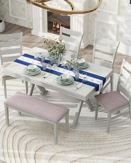 Retro 59" L Rectangular Unique Legs and 4 Upholstered Chairs & 1 Bench, Rubber Wood, Easy Assembly, for Kitchen, Room, 6 Piece Dining Table Set, White 28 - LeafyLoom