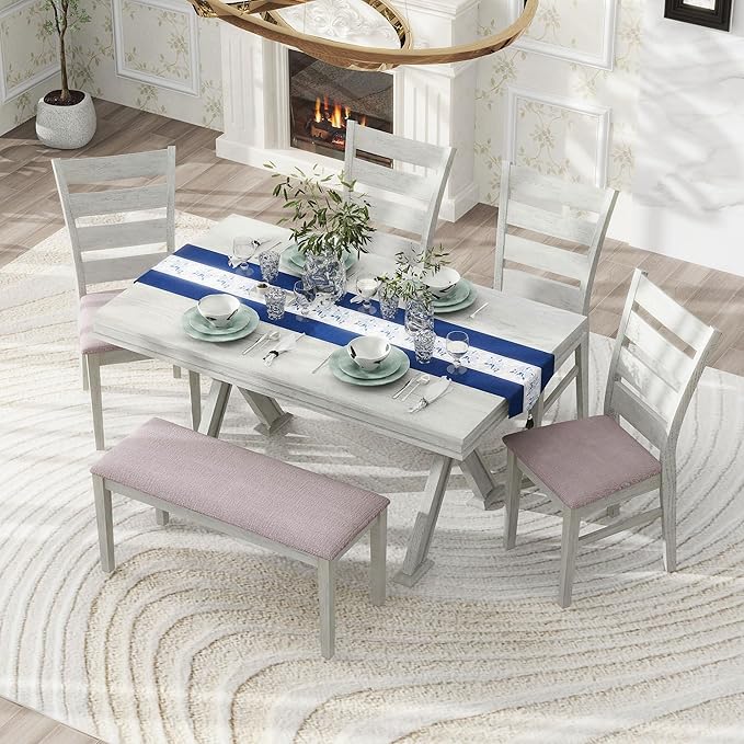 Retro 59" L Rectangular Unique Legs and 4 Upholstered Chairs & 1 Bench, Rubber Wood, Easy Assembly, for Kitchen, Room, 6 Piece Dining Table Set, White 28 - LeafyLoom
