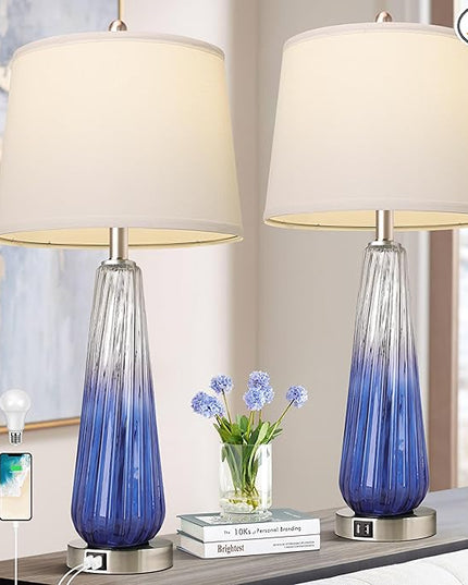 QiMH Table Lamps Set of 2 with Touch Control, 3-Way Dimmable Modern Glass Bedside Lamps with 2 USB Ports, Nightstand Lamp with White Fabric Shade, 27.5" Large Lamps for Living Room Bedrooms Decor - LeafyLoom