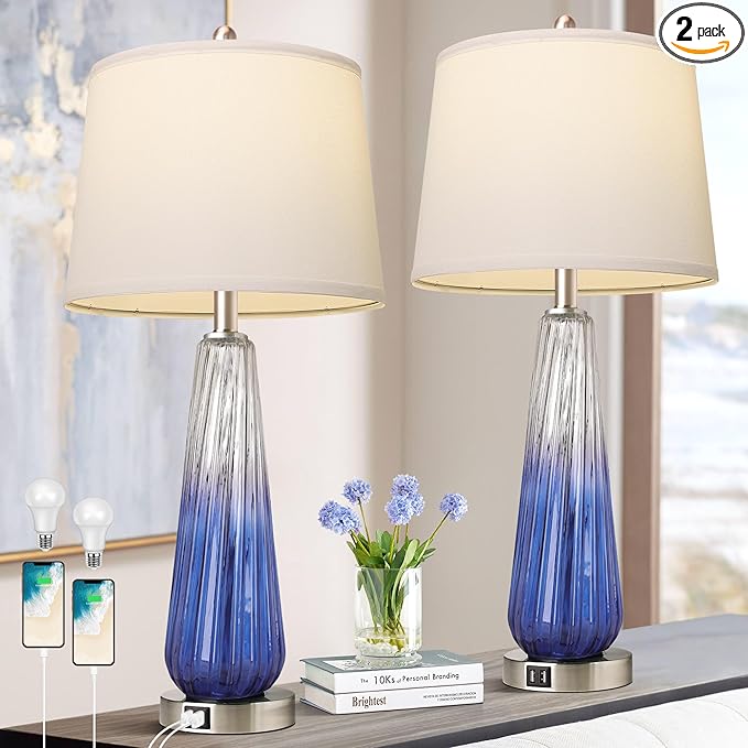 QiMH Table Lamps Set of 2 with Touch Control, 3-Way Dimmable Modern Glass Bedside Lamps with 2 USB Ports, Nightstand Lamp with White Fabric Shade, 27.5" Large Lamps for Living Room Bedrooms Decor - LeafyLoom
