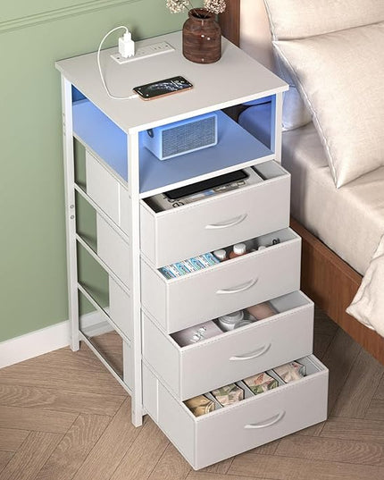 Fixwal Dresser for Bedroom, LED Tall Nightstand with Charging Station Night Stand with USB Ports and Outlets, 4 Fabric Storage Drawers with PU Finish, Bed Side Table, White - LeafyLoom