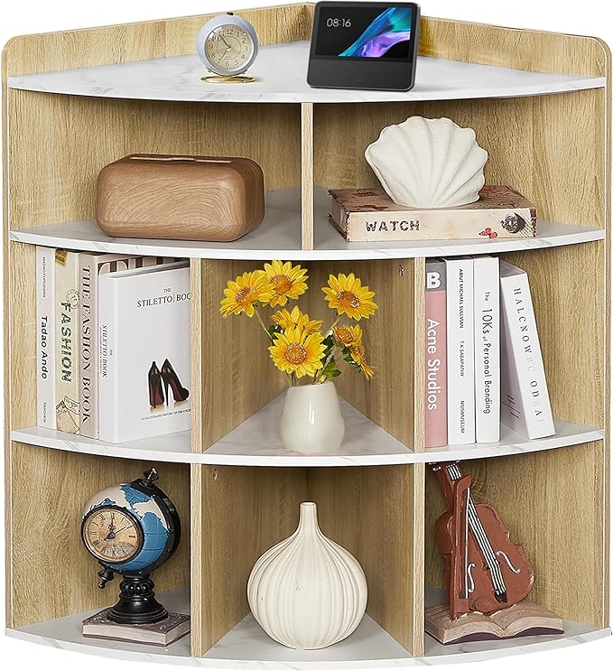 Vecelo 3-Tier Corner Cabinet with 8 Cubbies, Wooden Cube Storage Organizer, Modern Bookshelf Units for Playroom, Bedroom, Living Room, Marble White - LeafyLoom
