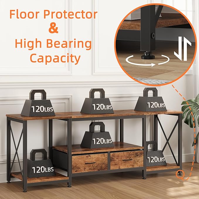 TV Stand with Fabric Drawers for 65 70 75 Inches TV - Entertainment Center and Industrial TV Console Table with Open Storage Shelves for Living Room, Bedroom - 63" Rustic Brown - LeafyLoom