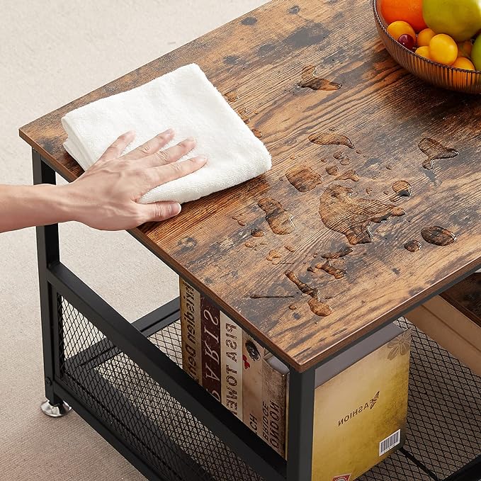 VECELO Coffee Center Table with Storage for Living Room Office Reception, Modern & Industrial Mesh Shelf, 39.4 Inch, Rustic Brown - LeafyLoom