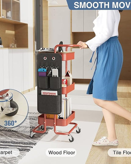 DTK 3 Tier Metal Utility Rolling Cart with Table Top and Side Bags, Tray Storage Organizer Wheels, Art Craft 4 Hooks for Kitchen Bathroom Office Living Room(Red) - LeafyLoom