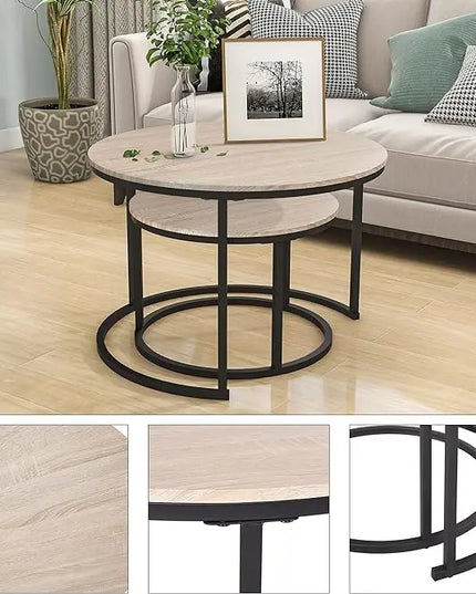 Industrial Round Coffee Table Set of 2 End Table for Living Room,Stacking Side Tables, Sturdy and Easy Assembly,Wood Look Accent Furniture with Metal Frame,Black+Teak Oak - LeafyLoom
