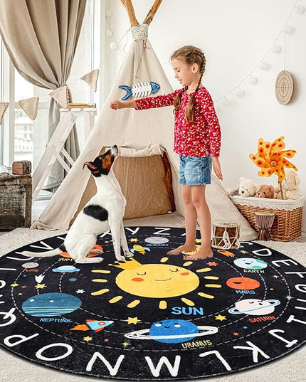 Round ABC Kids Rug,5.2 Ft Soft Circle Alphabet Playroom Rug,Washable Non-Slip Solar System Kids Play Rug,Space Educational Rug Kids Carpet for Classroom Playroom Bedroom Kids Room Decor - LeafyLoom