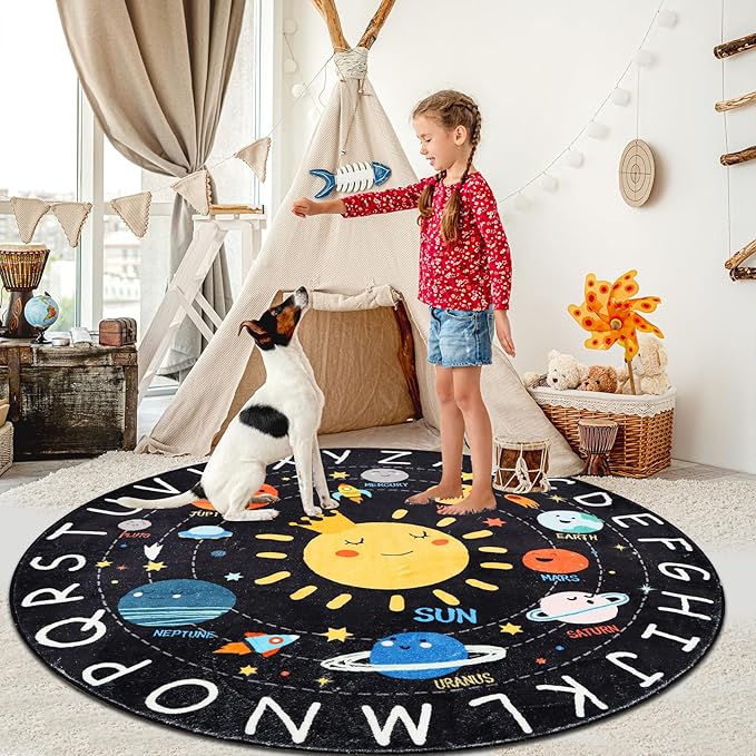 Round ABC Kids Rug,5.2 Ft Soft Circle Alphabet Playroom Rug,Washable Non-Slip Solar System Kids Play Rug,Space Educational Rug Kids Carpet for Classroom Playroom Bedroom Kids Room Decor - LeafyLoom
