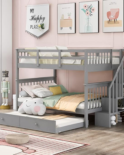 Stairway Full-Over-Full Bunk Bed with Twin Size Trundle, Storage Stairs and Guard Rail, 3-in-1 Bedframe for Bedroom Dorm, Kids Teens Adults, Gray - LeafyLoom