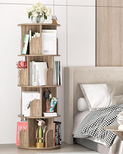 Nisorpa 4 Tier Rotating Bookshelf, 360° Revolving Bookcase Wood Rotating Stackable Shelves Floor-Standing Storage Display Rack Used in Bedrooms Living Rooms Study Office (52"x18"x18") - LeafyLoom