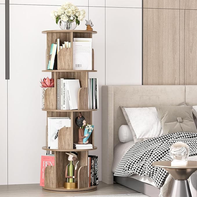 Nisorpa 4 Tier Rotating Bookshelf, 360° Revolving Bookcase Wood Rotating Stackable Shelves Floor-Standing Storage Display Rack Used in Bedrooms Living Rooms Study Office (52"x18"x18") - LeafyLoom