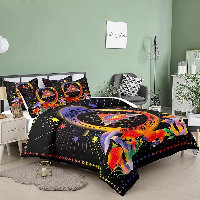 Tailor Shop Celestial Bedding Queen Size,Sun and Moon Bedding for Boys Girls Kids Teens, Mushroom Comforter Gothic Comforter Witchy Comforter Boho Exotic Black Bed with 2 Pillowcases - LeafyLoom