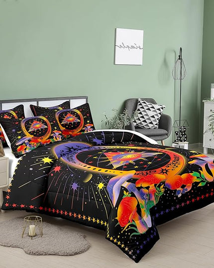 Tailor Shop Sun and Moon Bedding for Boys Girls Kids Teens,Celestial Bedding King Size,Mushroom Comforter Gothic Comforter Witchy Comforter Boho Exotic Black Bed with 2 Pillowcases - LeafyLoom