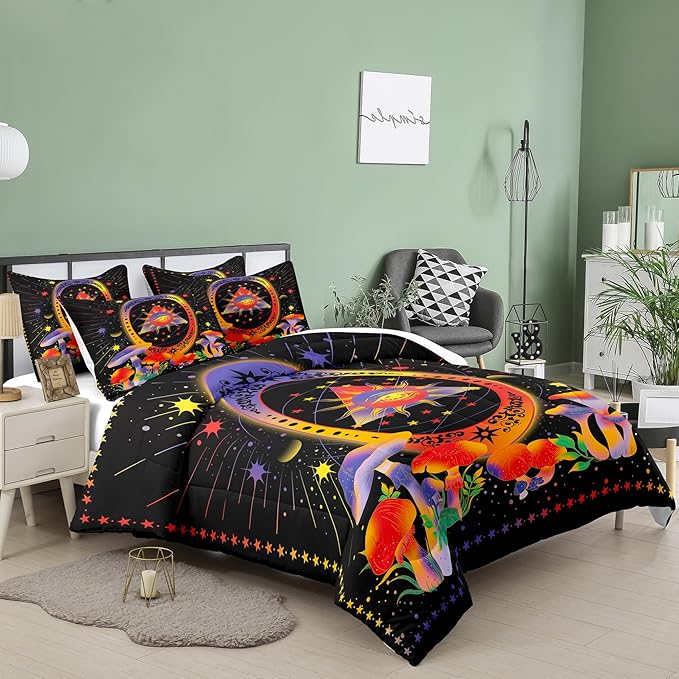 Tailor Shop Sun and Moon Bedding for Boys Girls Kids Teens,Celestial Bedding King Size,Mushroom Comforter Gothic Comforter Witchy Comforter Boho Exotic Black Bed with 2 Pillowcases - LeafyLoom