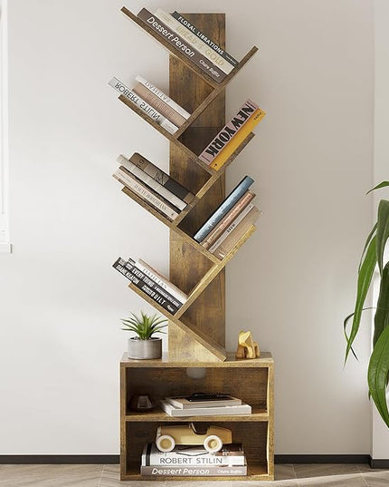 SUNMORY 6 Tier Tree Bookshelf, Small Bookcase with Storage Cabinet, Modern Tall Narrow Bookshelves Organizer, Floor Standing Book Shelf for Bedroom/Living Room/Home Office/Corner, Rustic Brown - LeafyLoom