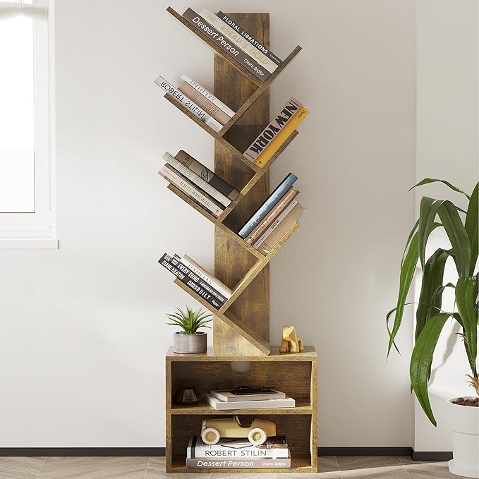 SUNMORY 6 Tier Tree Bookshelf, Small Bookcase with Storage Cabinet, Modern Tall Narrow Bookshelves Organizer, Floor Standing Book Shelf for Bedroom/Living Room/Home Office/Corner, Rustic Brown - LeafyLoom