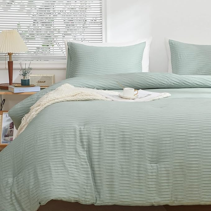 Sage Green Seersucker Comforter Set Full Size (79x90 in), 3 Pieces Soft Crinkled Textured Comforter with 2 Pillowcases, Lightweight Microfiber Down Alternative Bedding Set for All Season - LeafyLoom