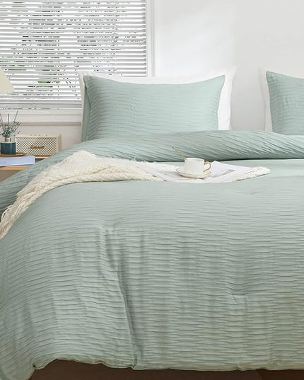 Sage Green Seersucker Comforter Set Twin Size (66x90 in), 2 Pieces Soft Crinkled Textured Comforter with 1 Pillowcase, Lightweight Microfiber Down Alternative Bedding Set for All Season - LeafyLoom