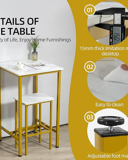 Finnhomy Bar Table, 23.6" Pub Table High Top Table, Square Bar Height Table, Counter Height Cocktail Table, Small Kitchen Table Set for 2, Breakfast for Kitchen, Living Room, White Marble and Gold - LeafyLoom