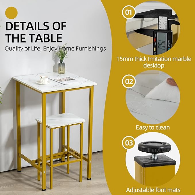 Finnhomy Bar Table, 23.6" Pub Table High Top Table, Square Bar Height Table, Counter Height Cocktail Table, Small Kitchen Table Set for 2, Breakfast for Kitchen, Living Room, White Marble and Gold - LeafyLoom