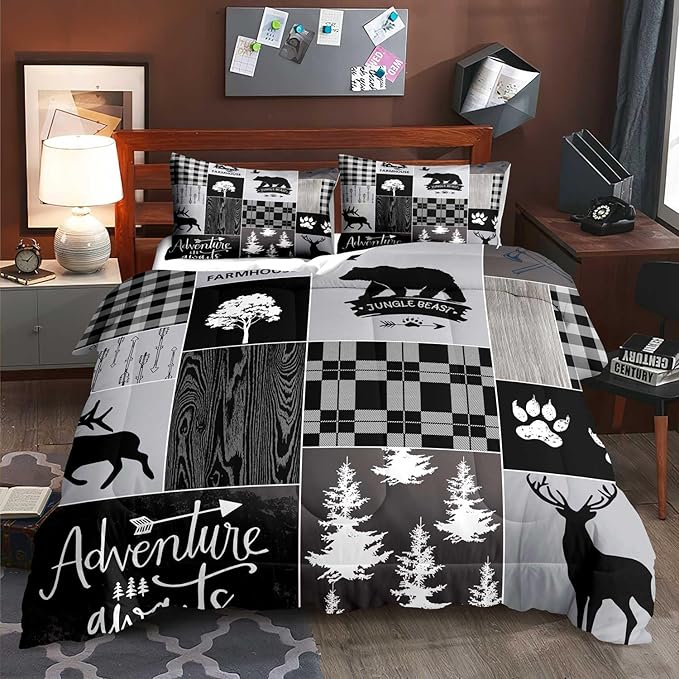 LUVIVIHOME 2PCS Rustic Lodge Comforter Set Twin Size, Farmhouse Cabin Bedding, Black Bear Deer Elk Moose Forest Animal Wildlife Hunting Country Black and White Plaid Patchwork Quilt, 1 Pillow Case - LeafyLoom