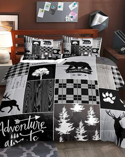LUVIVIHOME 3PCS Rustic Lodge Comforter Set Queen Size, Farmhouse Cabin Bedding, Black Bear Deer Elk Moose Forest Animal Wildlife Hunting Country Black and White Plaid Patchwork Quilt, 2 Pillow Cases - LeafyLoom