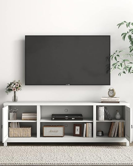 Panana Modern Farmhouse TV Stand, Entertainment Center for 70 inch TV with 2 Doors and Open Shelves for Living Room, Bedroom (White, 65 inch) - LeafyLoom