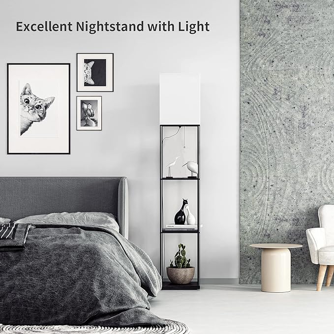 SUNMORY Floor Lamp with Shelves, Modern Square Standing Lamp with 3 Color Temperature Bulb, Corner Display Bookshelf Lamp for Living Room and Bedroom(Black) - LeafyLoom