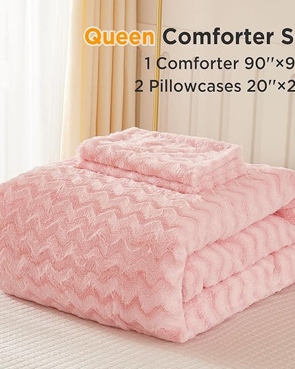 Andency Pink Fleece Comforter Set Queen Size, 3 Pieces Plush Shaggy Faux Fur Bed Comforter Set for Queen Bed, Fuzzy Fluffy Warm Bedding Set for Women Girls - LeafyLoom