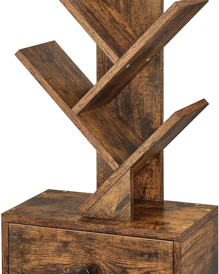 4 Tier Tree Bookshelf with Drawer, Small Tree Bookcase, Table Top Book Shelf Organizer Shelves for Living Room, Bedroom, Home Office, Rustic Brown - LeafyLoom