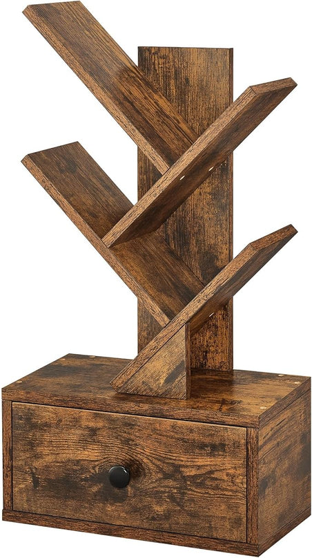 4 Tier Tree Bookshelf with Drawer, Small Tree Bookcase, Table Top Book Shelf Organizer Shelves for Living Room, Bedroom, Home Office, Rustic Brown - LeafyLoom