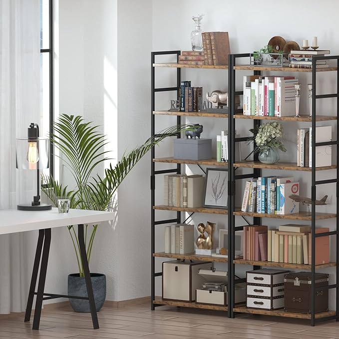 NUMENN 6 Tier Bookshelf, Tall Bookcase Shelf Storage Organizer, Modern Book Shelf for Bedroom, Living Room and Home Office, Vintage - LeafyLoom