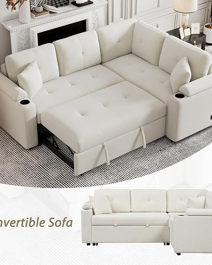 Boucle Upholstered Reversible Sleeper Sectional Sofa with Pull Out Bed , 3 Seater L Shaped Convertible Corner Couch with Cupholders&USB Ports, Power Sockets, Small Pullout Sofabed for Living Room - LeafyLoom