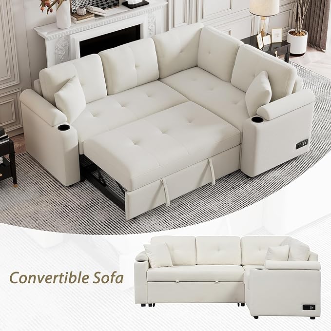 Boucle Upholstered Reversible Sleeper Sectional Sofa with Pull Out Bed , 3 Seater L Shaped Convertible Corner Couch with Cupholders&USB Ports, Power Sockets, Small Pullout Sofabed for Living Room - LeafyLoom