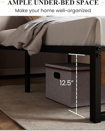 SHA CERLIN 14'' King Size Metal Platform Bed Frame with Rustic Wood & Reverse Holes/Ample Under-Bed Storage Space/Mattress Foundation/No Box Spring Needed/Easy Assembly - LeafyLoom