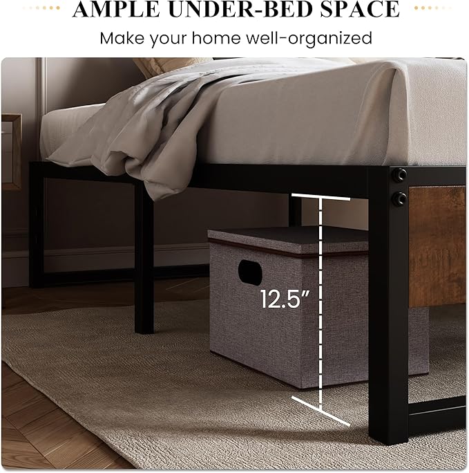 SHA CERLIN 14'' King Size Metal Platform Bed Frame with Rustic Wood & Reverse Holes/Ample Under-Bed Storage Space/Mattress Foundation/No Box Spring Needed/Easy Assembly - LeafyLoom