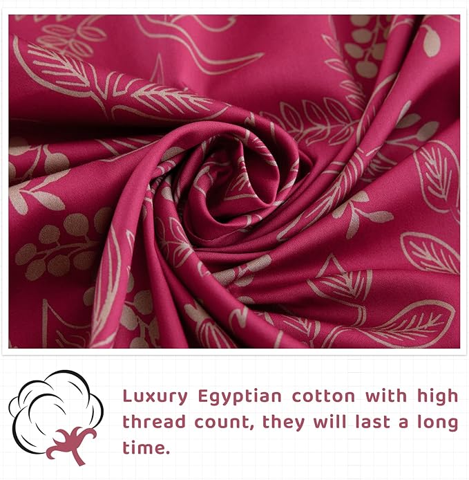 QSH Floral King Size Sheet Sets - 100% Egyptian Cotton Floral Bedding Sheets Red Flower Pattern Botanical Printed Bedding King Size Bed Sheets 17.5" Extra Deep Pocket 4pcs - LeafyLoom