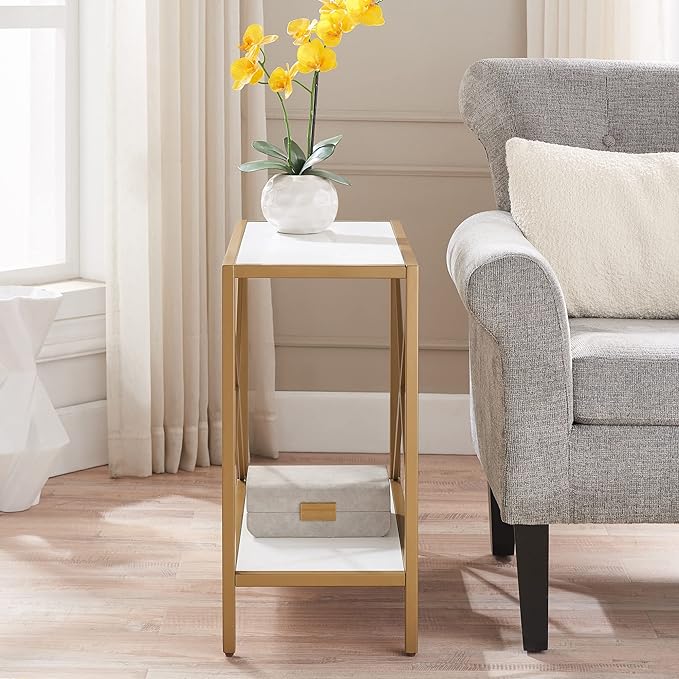 Leick Home 9217-WTGL Claudette Mixed Metal and Wood Side Table with Shelf, White/gold - LeafyLoom