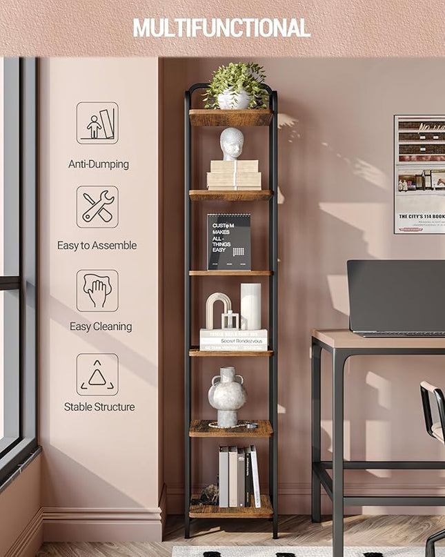 Bookcase Bookshelf, Narrow Book Shelf, Industrial Coner Shelf Storage Organizer, Slim Shelving Unit for Home Office, Living Room, Bedroom, Kitchen, 6-Tier Rustic Brown BC24601B - LeafyLoom