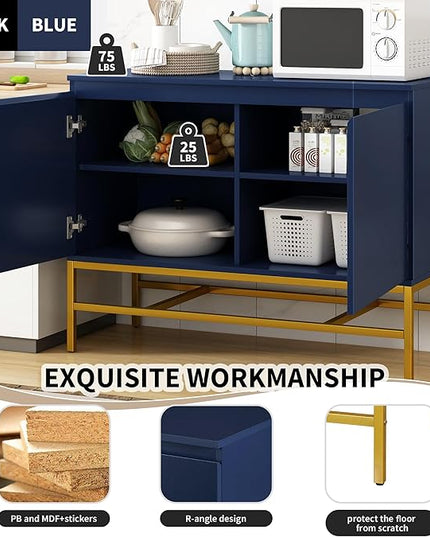 39.4" Minimalist & Luxury Two Door Sideboard with Gold Metal Legs,Freestandin Storage Buffet Cabinet,w/Adjustable Shelves,for Living, Dining Room,Entrance Passage,Navy - LeafyLoom