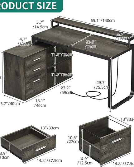 YITAHOME L Shaped Desk with Drawers, 55" Corner Computer Desk with Power Outlets, L-Shaped Desk with LED Lights & File Cabinet for Home Office, Grey - LeafyLoom
