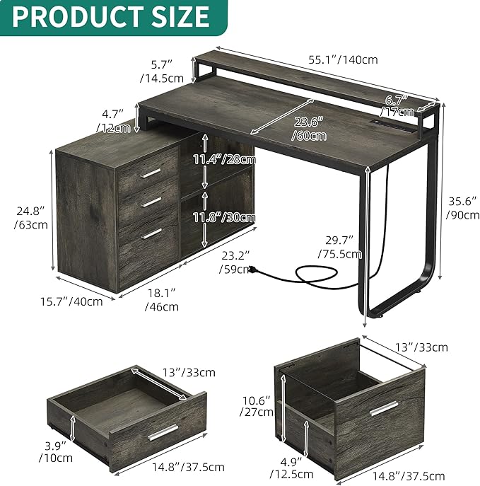 YITAHOME L Shaped Desk with Drawers, 55" Corner Computer Desk with Power Outlets, L-Shaped Desk with LED Lights & File Cabinet for Home Office, Grey - LeafyLoom