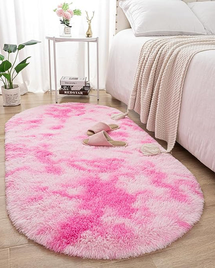 Merelax Soft Shaggy Rug for Kids Bedroom, Oval 2.6'x5.3' Plush Fluffy Rugs for Living Room, Furry Carpet for Teen Girls Room, Anti-Skid Fuzzy Comfy Rug for Nursery, Cute Baby Play Mat,Tie-dyed Pink - LeafyLoom
