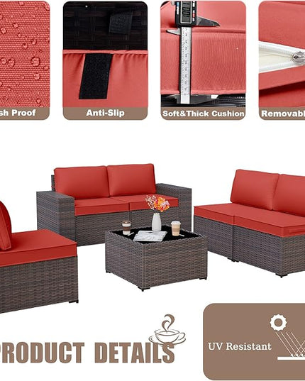 Patio Furniture Set Sofa 6-Piece Wicker PE Rattan Sectional Sofa Set, Outdoor Furniture Patio Conversation Set with Glass Coffee Table and Cushions, Red - LeafyLoom