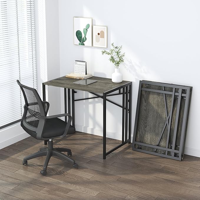 32 inch Small Folding Desk, Writing Gaming Computer Camping Desk for Small Spaces, No Assembly Required Home Office Desk, Black Oak - LeafyLoom