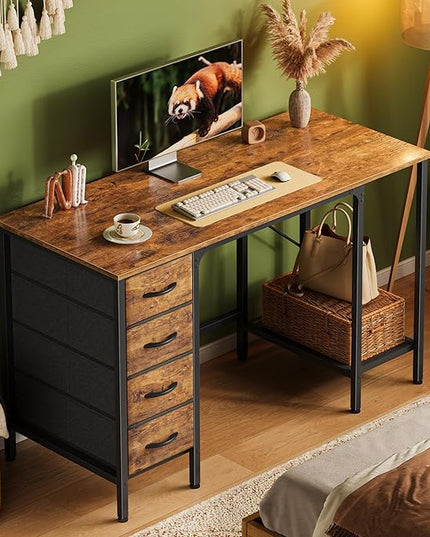 47 Inch Computer Desk with 4 Drawers, Office Desk with Mesh Shelf, Gaming Desk, Large Storage, Writing Desk Work Desk for Home Office, Study, Bedroom, Work from Home, Rustic Brown - LeafyLoom