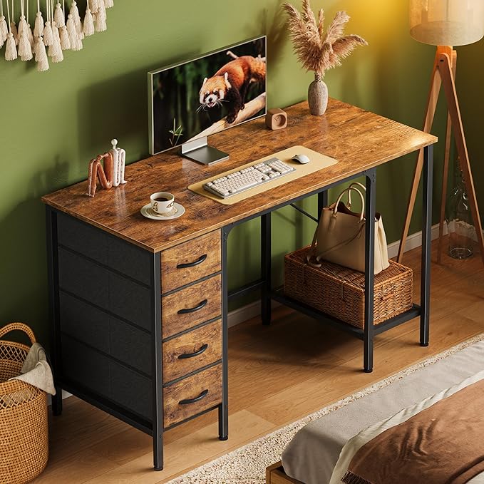 47 Inch Computer Desk with 4 Drawers, Office Desk with Mesh Shelf, Gaming Desk, Large Storage, Writing Desk Work Desk for Home Office, Study, Bedroom, Work from Home, Rustic Brown - LeafyLoom